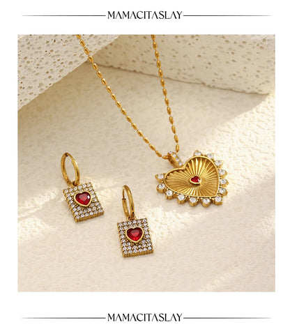 MamacitaSlay 316L Stainless Steel Heart Cross Zircon Earrings Necklace 18K Gold Plated Waterproof Jewelry Set Women's Gifts