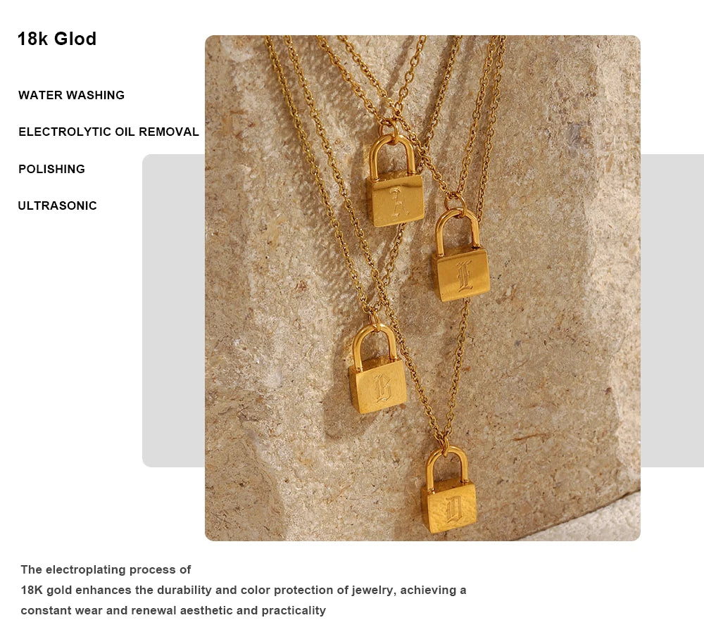 MamacitaSlay 316L Stainless Steel Ancient Letters Engaged Lock Pendant Necklace 18K Gold Plated Waterproof Neck Jewelry Gift