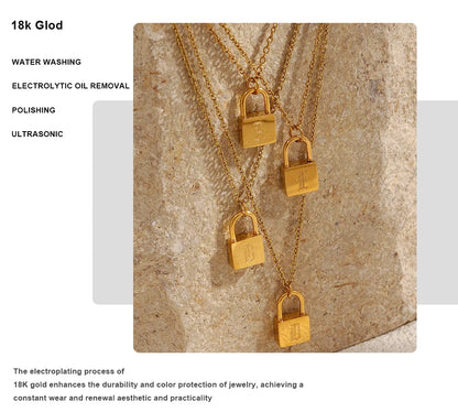 MamacitaSlay 316L Stainless Steel Ancient Letters Engaged Lock Pendant Necklace 18K Gold Plated Waterproof Neck Jewelry Gift