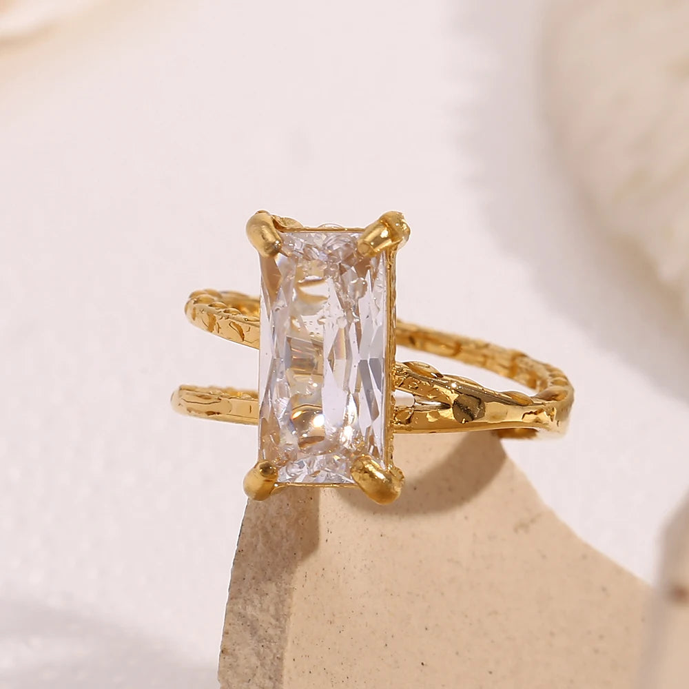 MamacitaSlay Minimalist Double-Layer Rectangle Zircon Left And Right Asymmetrical Women's rings stainless steel women's jewelry