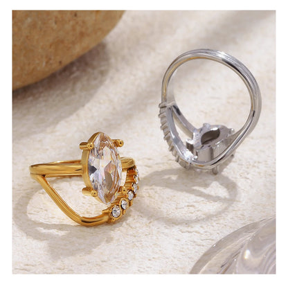Mamacitaslay 316L Stainless Steel Pear Cut Zircon Geometric Ring 18K Gold Plated Waterproof Jewelry For Women Banquet Party Wear