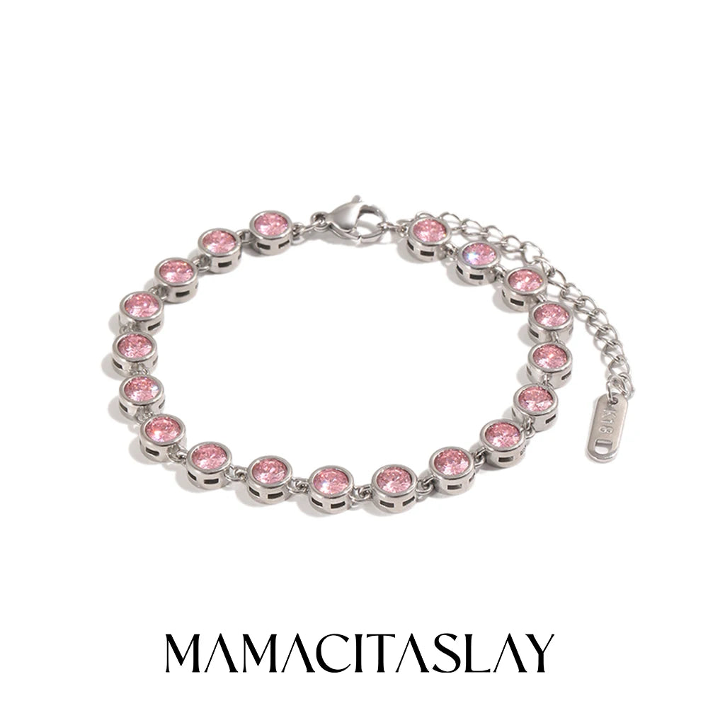 MamacitaSlay 316LStainlessSteel Round Zircon Tennis Bracelet 18K Gold Plated Waterproof Jewelry For Women Wedding Dating Jewelry