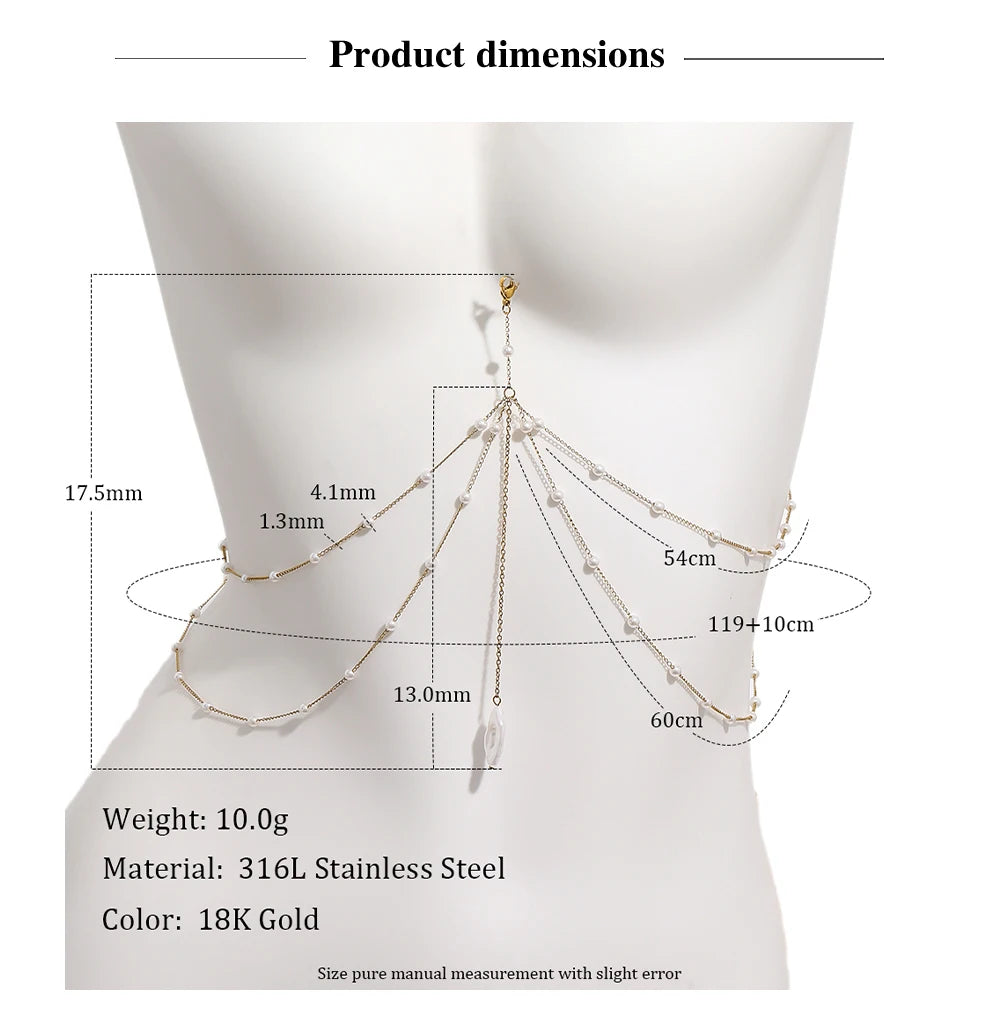 MamacitaSlay 316L Stainless Steel Multilayer Chain Pearl Body Chain 18K Gold Plated Waterproof Jewelry For Bikini Accessories