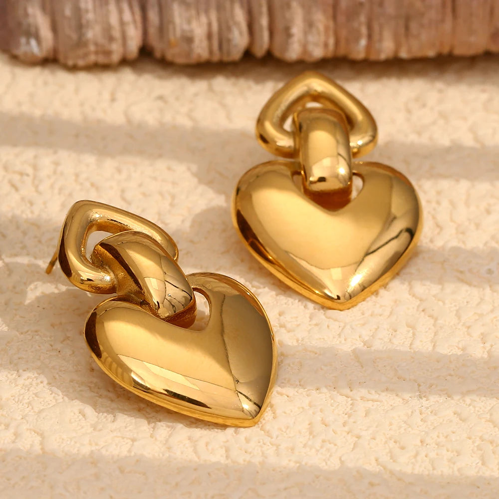 MamacitaSlay 18K Gold Plated Stainless Steel Heart Shaped Earrings Party Waterproof Jewelry Women's Charm Statement Earrings