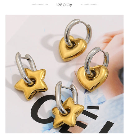 Mamacitaslay Mixed Color Star Heart Charm Hoop Earrings 316L Stainless Steel Waterproof Jewelry For Women Party Everyday Wear