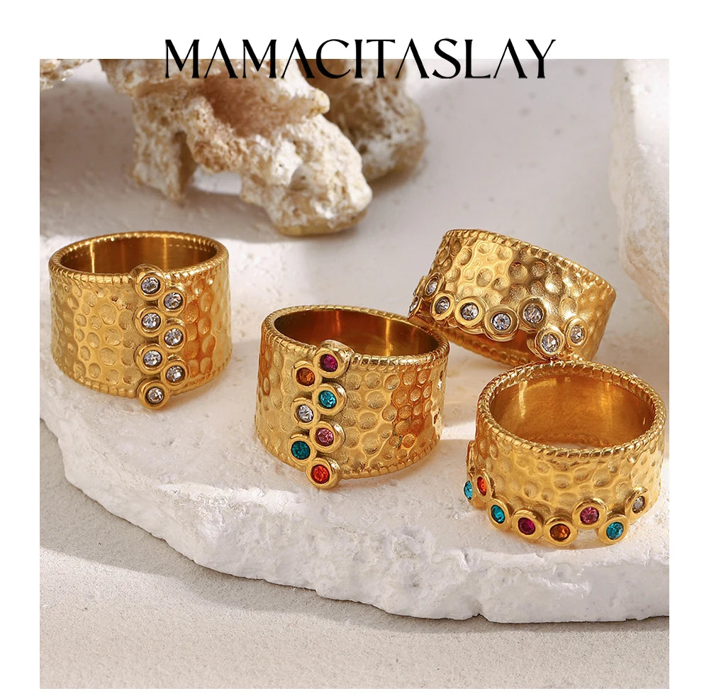 MamacitaSlay 316L Stainless Steel Multi Colored Zircon Hammer Patterned Wide Ring Party Waterproof Jewelry Women's Charm Ring