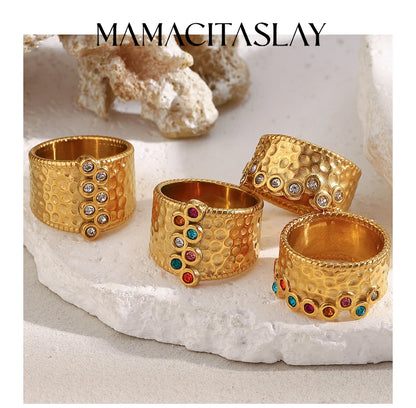 MamacitaSlay 316L Stainless Steel Multi Colored Zircon Hammer Patterned Wide Ring Party Waterproof Jewelry Women's Charm Ring