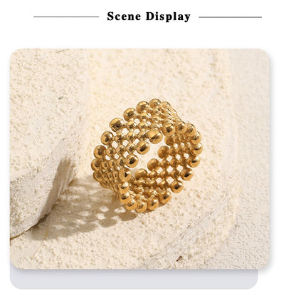 MamacitaPlay 316L Stainless Steel Mesh Hollow Out Ball Ring 18K Gold Plated Waterproof Jewelry For Women Trend Everyday Wear
