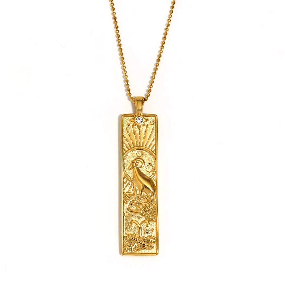 MamacitaSlay 316L Stainless Steel Zodiac Sign Rectangle Pendant Necklace 18K Gold Plated Waterproof Jewelry For Women Daily Wear