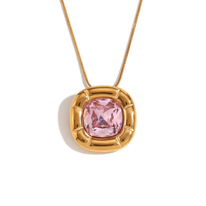 MamacitaSlay 18K Gold Plated Stainless Steel Rounded Square Zircon Necklace Earring Ring Women's Fashionable Waterproof Jewelry