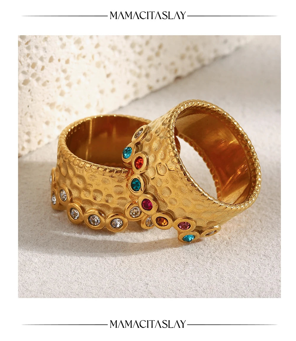 MamacitaSlay 316L Stainless Steel Multi Colored Zircon Hammer Patterned Wide Ring Party Waterproof Jewelry Women's Charm Ring