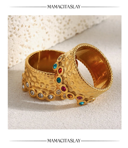 MamacitaSlay 316L Stainless Steel Multi Colored Zircon Hammer Patterned Wide Ring Party Waterproof Jewelry Women's Charm Ring