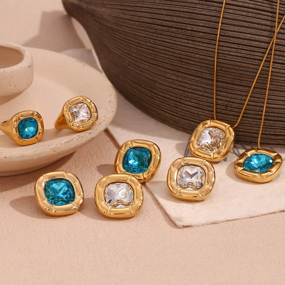 MamacitaSlay 18K Gold Plated Stainless Steel Rounded Square Zircon Necklace Earring Ring Women's Fashionable Waterproof Jewelry
