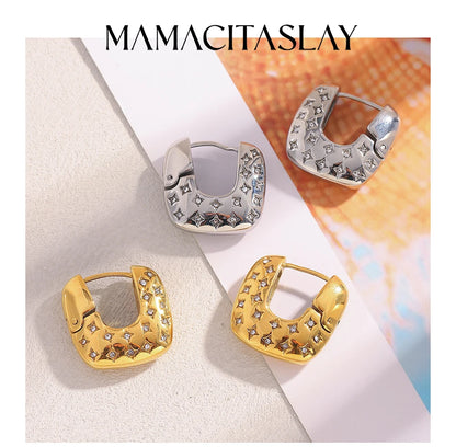 MamacitaSlay 316L Stainless Steel Zircon Star Square Hoop Earrings 18K Gold Plated Waterproof Jewelry For Women Gift Daily Wear