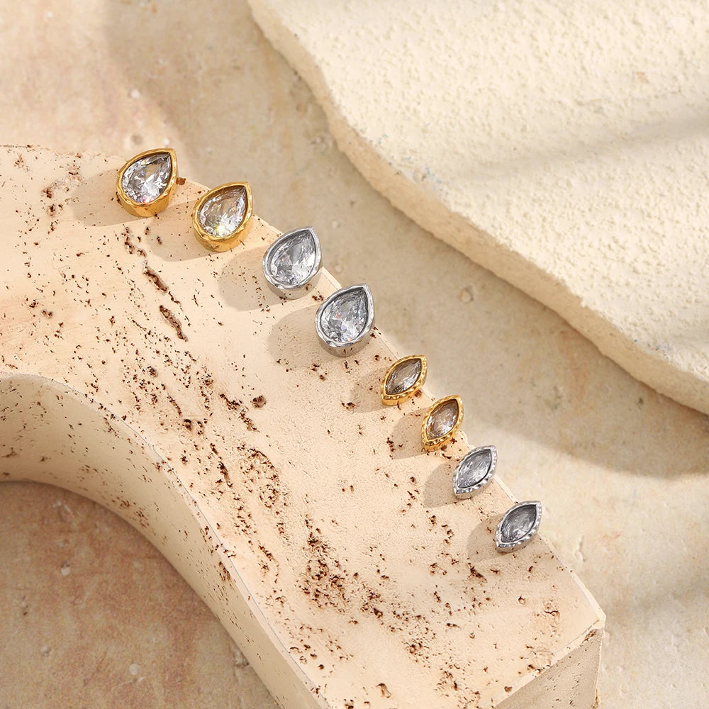 MamacitaSlay 316L Stainless Steel Water Drop Horse Eye Zircon Stud Earrings 18K Gold Plated Waterproof Elegant Jewelry For Women