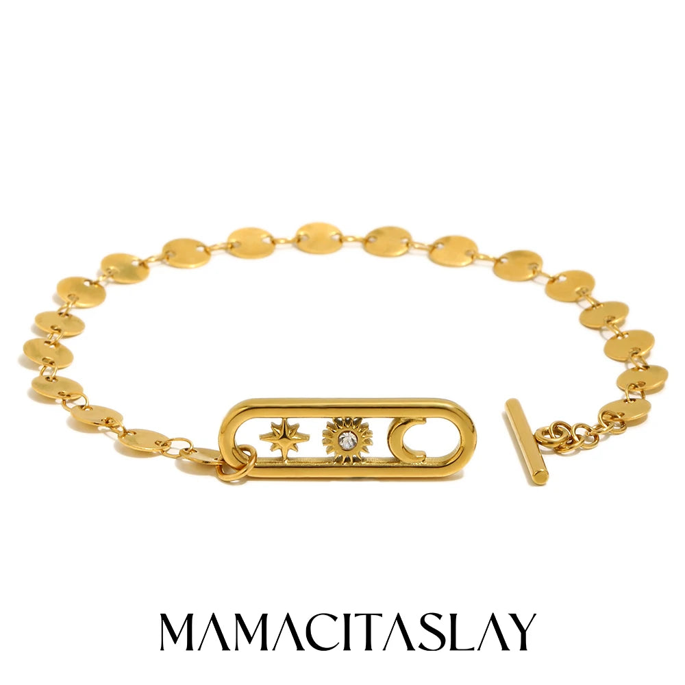MamacitaSlay 316L Stainless Steel Celestial Sun Moon Star OT Chain Bracelet 18K Gold Plated Waterproof Jewelry For Women Gift