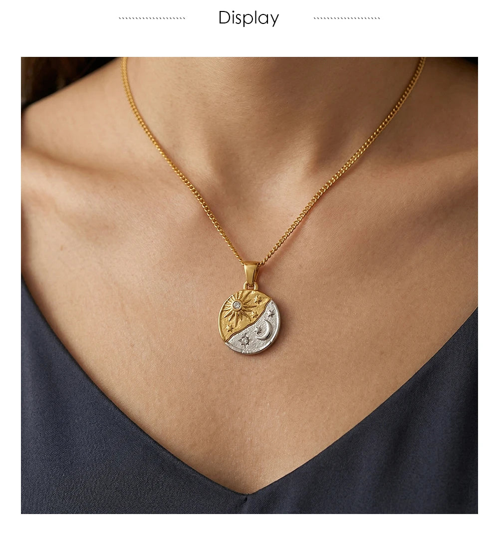 MamacitaSlay 316L Stainless Steel Zircon Celestial Sun Moon Star Pendant Necklace 18K Gold Plated Waterproof Jewelry For Women