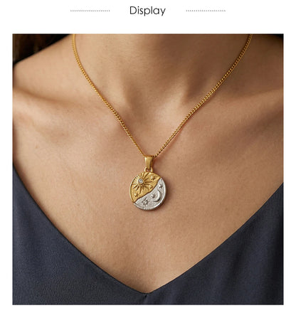 MamacitaSlay 316L Stainless Steel Zircon Celestial Sun Moon Star Pendant Necklace 18K Gold Plated Waterproof Jewelry For Women