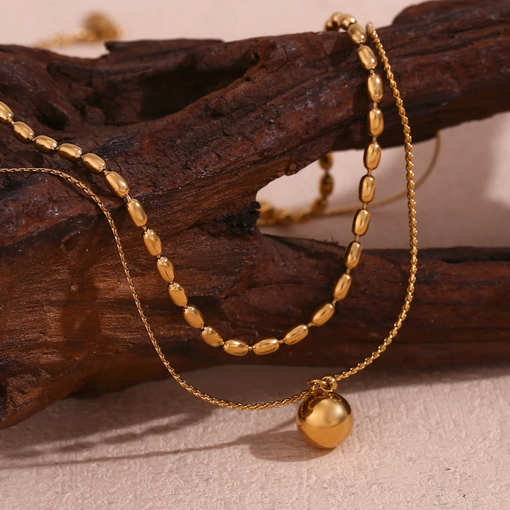 MamacitaSlay Classic Double Bead Chain Round Ball Pendant Waterproof Stainless Steel Jewelry Trend 2024 Necklaces For Women