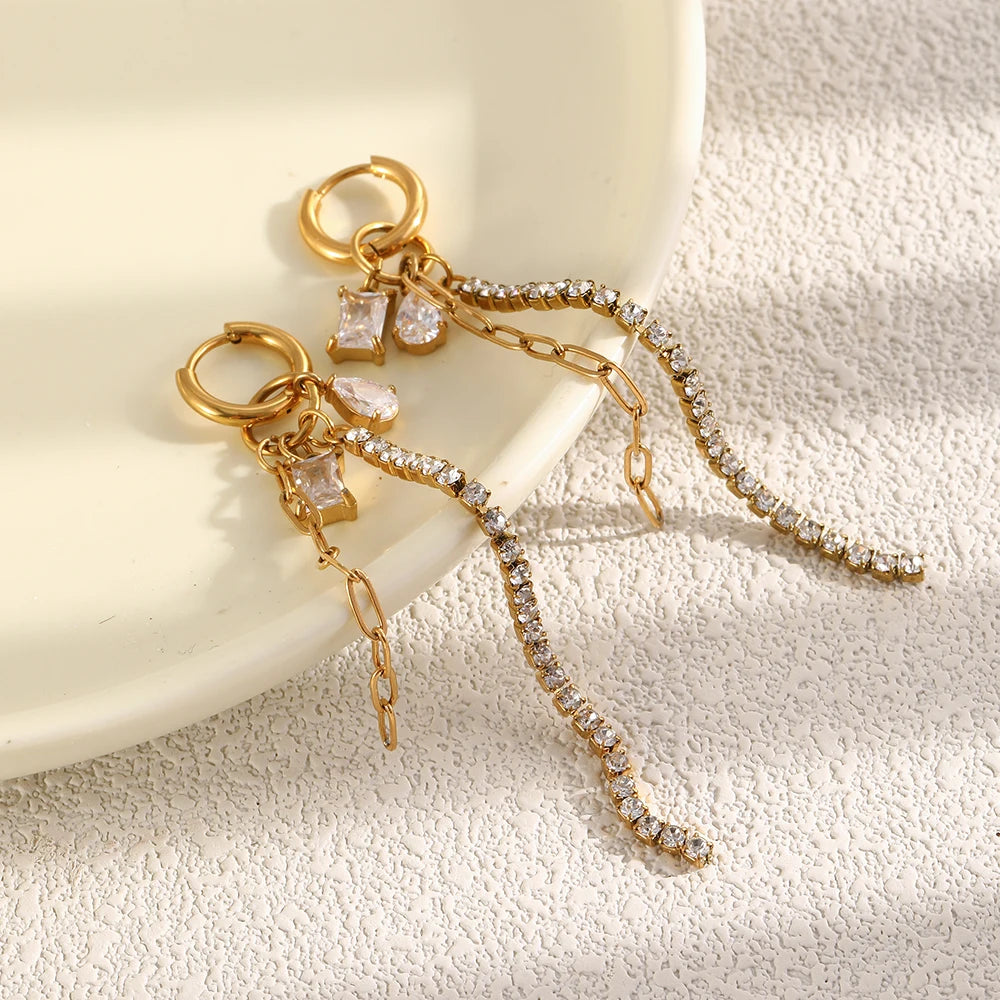 MamacitaSlay 316L Stainless Steel Mixed Chain Zircon Tassel Hoop Earrings 18K Gold Plated Waterproof Statement Jewelry For Women