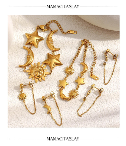 MamacitaSlay 316L Stainless Steel Sun Moon Star Bracelet Earrings Waterproof 18K Gold Plated Jewelry Creative Accessories Gift