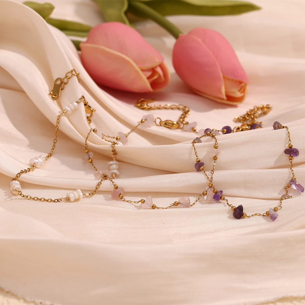 MamacitaSlay Summer Beach Waterproof Irregular Natural Stone Freshwater Pearl Anklets Stainless steel jewelry woman Gift