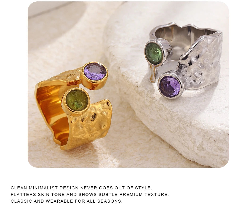 MamacitaSlay 316L Stainless Steel Hammered Texture Asymmetric Zircon Ring 18K Gold Plated Waterproof Vintage Jewelry For Women