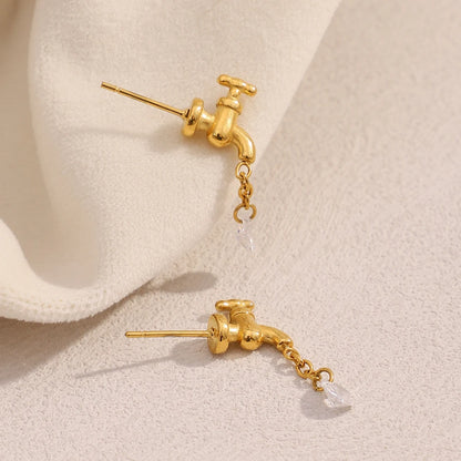 MamacitaSlay 316L Stainless Steel Unique Faucet Water Drop Zircon Earrings 18K Gold Plated Creative Waterproof Jewelry For Women