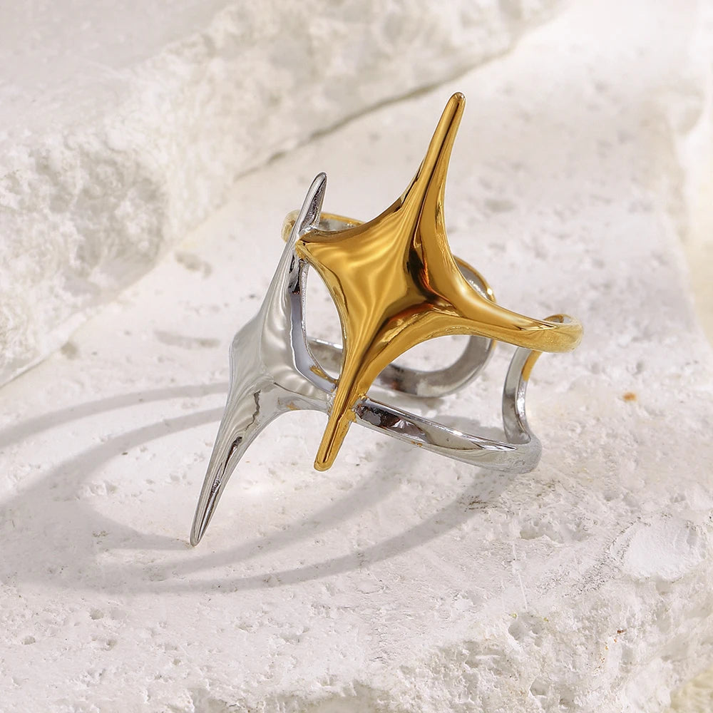 MamacitaSlay 316L Stainless Steel Mixed Color Double Star Open Ring Women's Party Waterproof 18K Gold Plated Ring Unique Ring