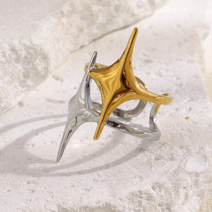 MamacitaSlay 316L Stainless Steel Mixed Color Double Star Open Ring Women's Party Waterproof 18K Gold Plated Ring Unique Ring