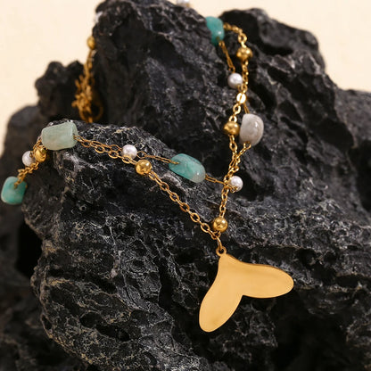 MamacitaSlay 18K Gold Plated Stainless Steel Natural Stone Double Layer Fishtail Anklet Chain Beach Party Waterproof Jewelry