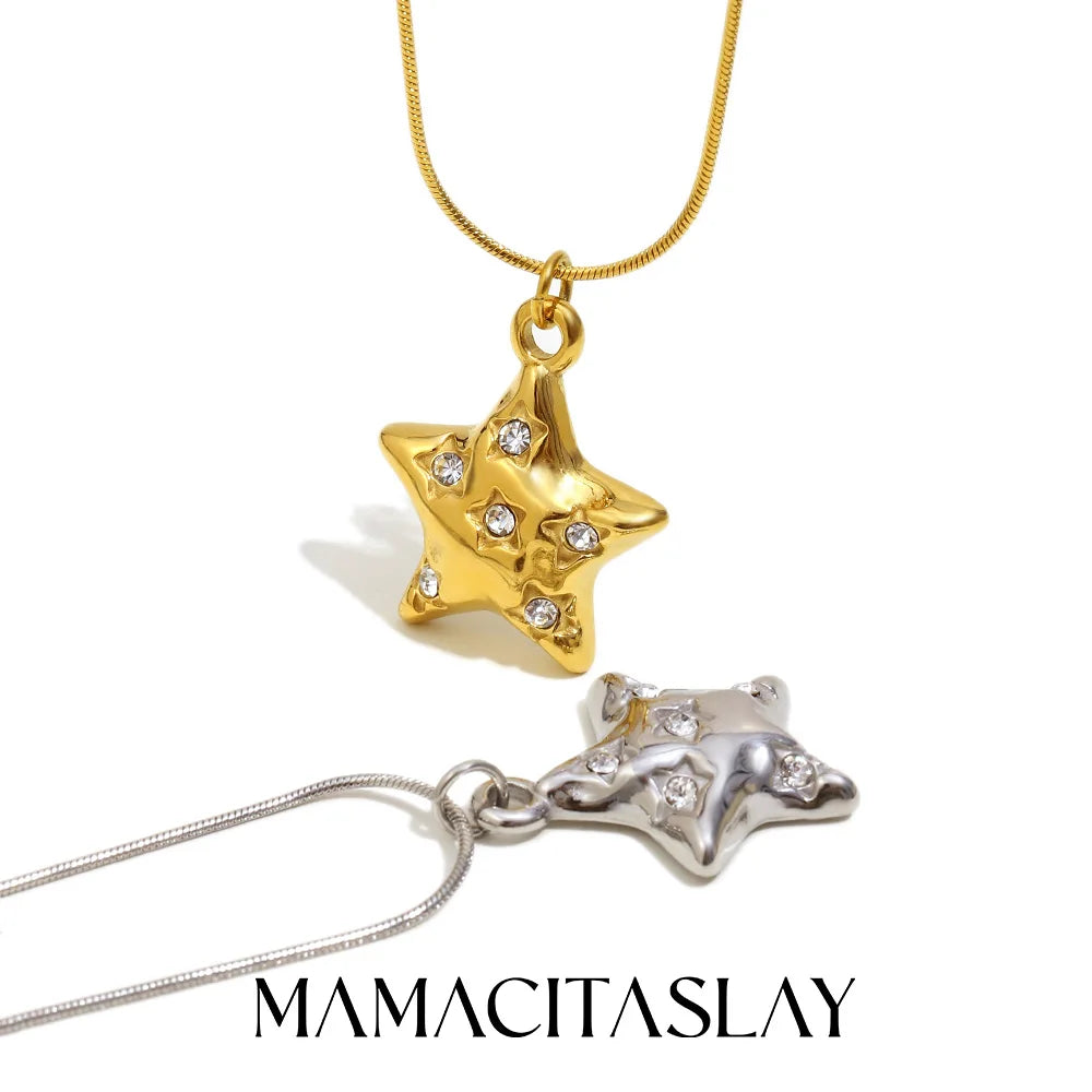 MamacitaSlay 316L Stainless Steel Zircon Star Pendant Necklace 18K Gold Plated Waterproof Jewelry Women's High Quality Necklace