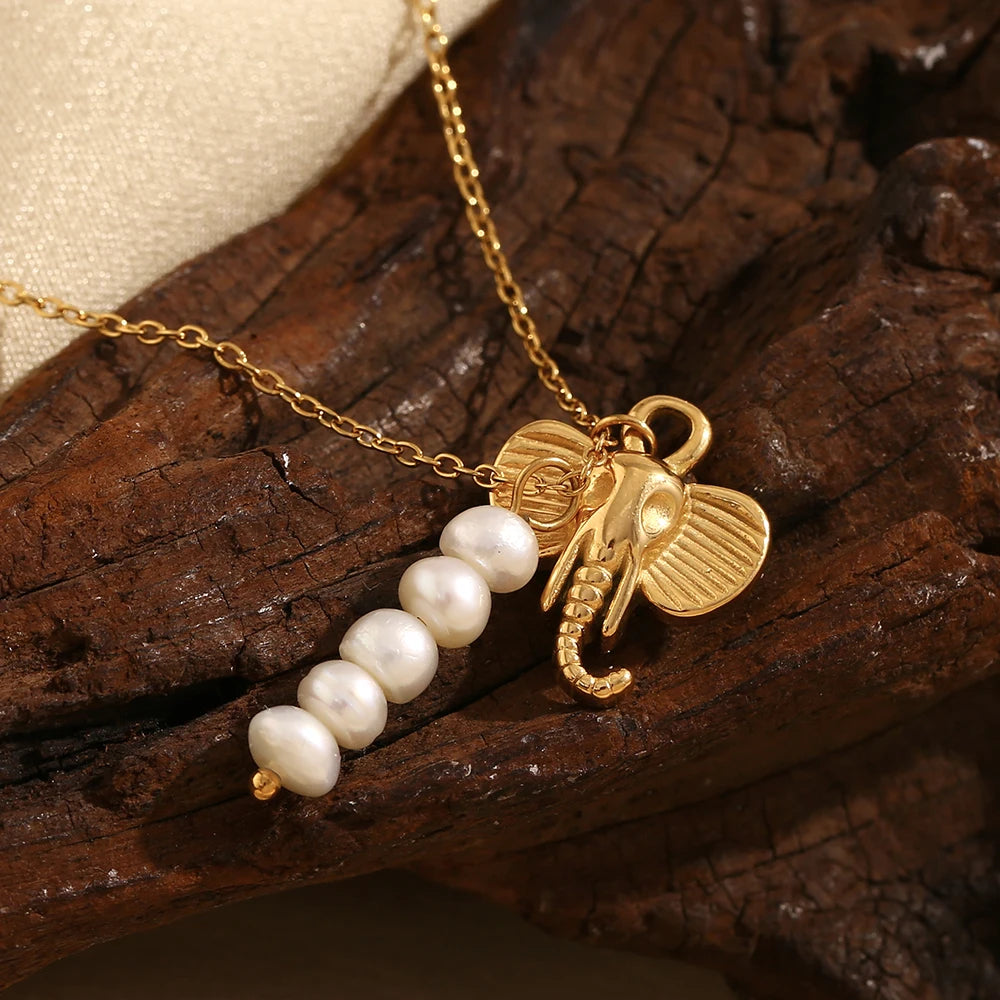MamacitaSlay Stainless Steel Pearl Elephant Necklace Vacation Party Waterproof Jewelry Women's Charm High Quality Neck Jewelry