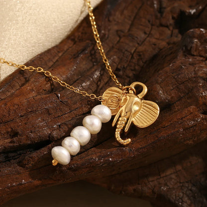 MamacitaSlay Stainless Steel Pearl Elephant Necklace Vacation Party Waterproof Jewelry Women's Charm High Quality Neck Jewelry