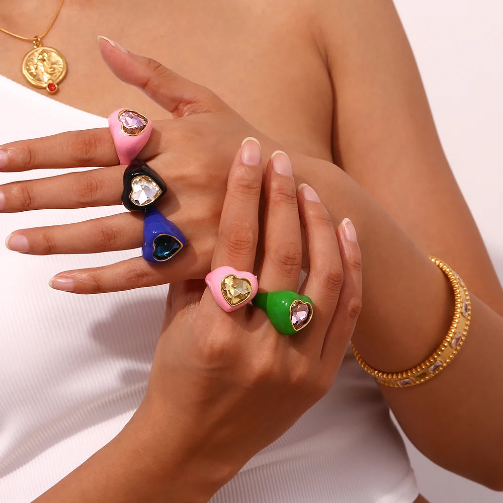 MamacitaSlay Sweet and Colorful Enamel Stainless Steel Heart Rhinestone Open Ring Party Trend Waterproof Jewelry Women's Gift