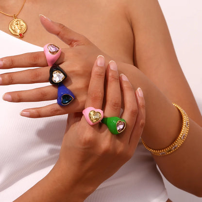MamacitaSlay Sweet and Colorful Enamel Stainless Steel Heart Rhinestone Open Ring Party Trend Waterproof Jewelry Women's Gift