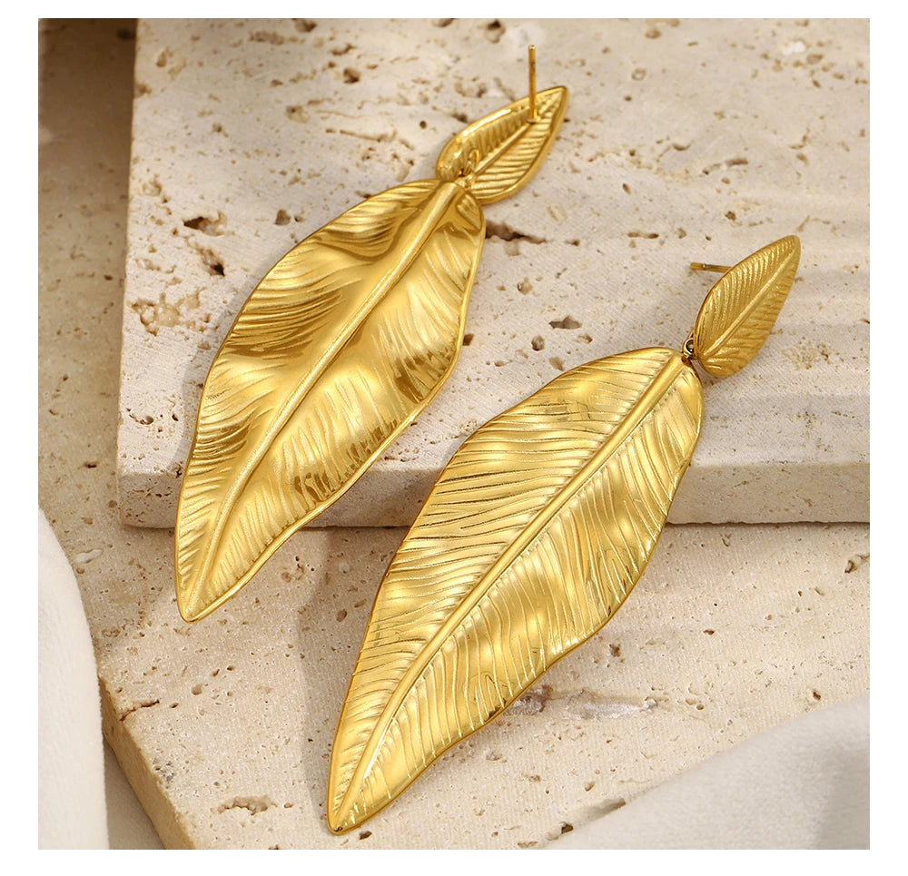MamacitaSlay 316L Stainless Steel Double Leaf Dangle Earrings 18K Gold Plated Waterproof Jewelry For Women Statement Earrings