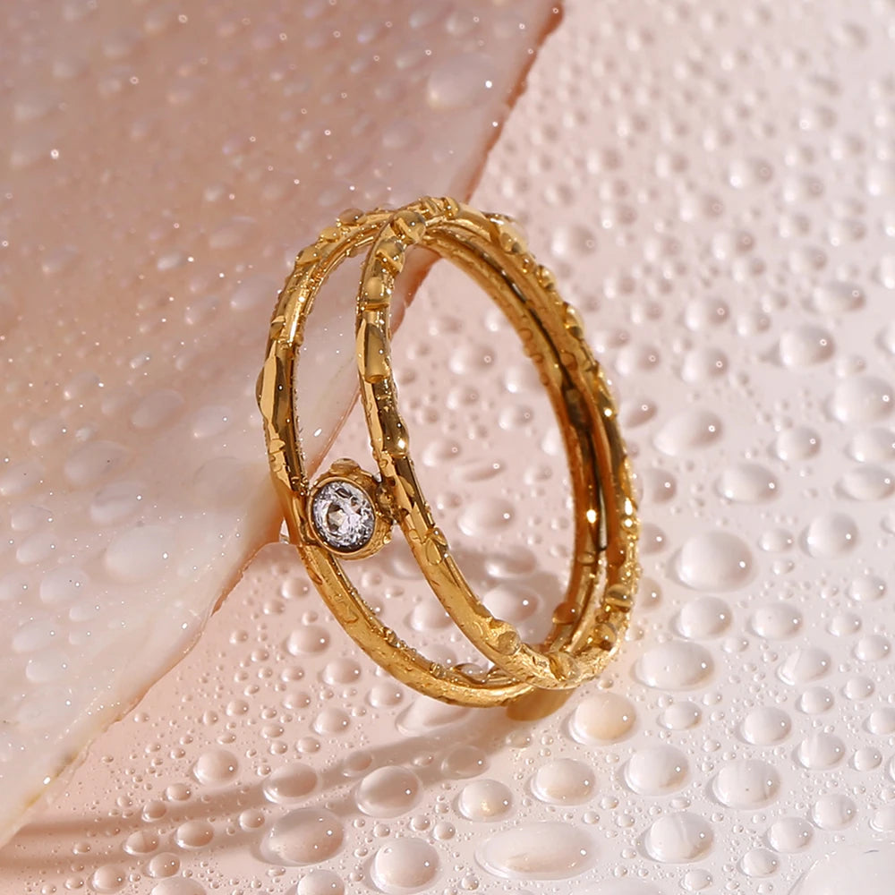 MamacitaSlay Minimalist Double Layer Round Zircon Ring 2025 Party Waterproof 18K Gold Plated Jewelry Women's Elegant Ring Gift