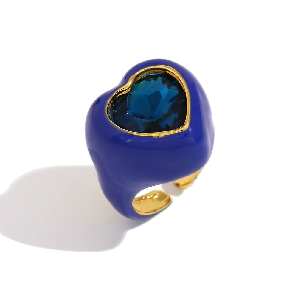 MamacitaSlay Sweet and Colorful Enamel Stainless Steel Heart Rhinestone Open Ring Party Trend Waterproof Jewelry Women's Gift