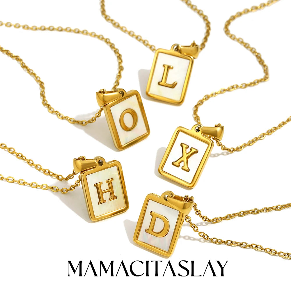 MamacitaSlay 18K Gold Plated Chain Necklaces Male Square Shell Letters Necklaces 316L Stainless Steel Jewelry For Women Gift