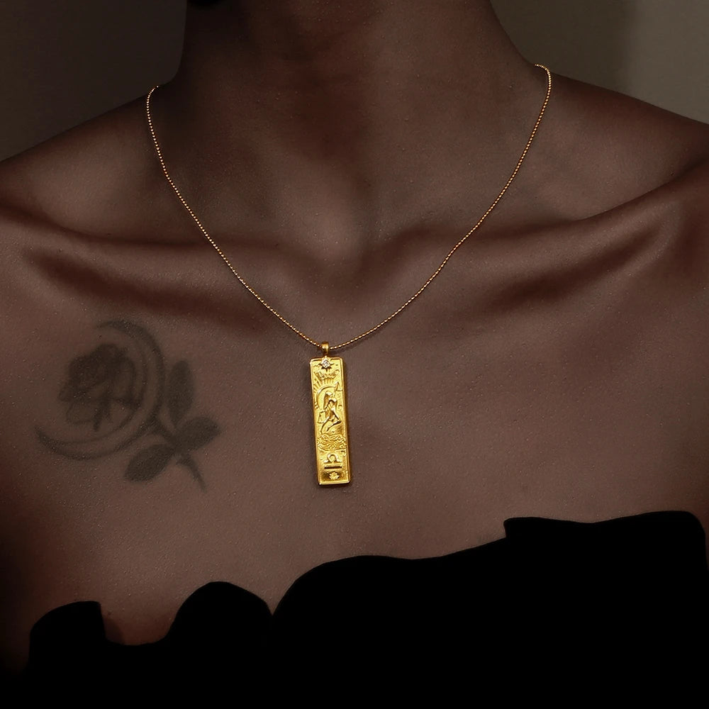 MamacitaSlay 316L Stainless Steel Zodiac Sign Rectangle Pendant Necklace 18K Gold Plated Waterproof Jewelry For Women Daily Wear