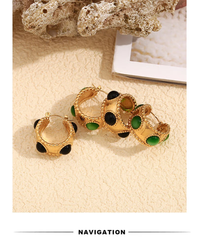 MamacitaSlay 316L Stainless Steel Retro Agate Beaded Edge Hoop Earrings 18K Gold Plated Waterproof Jewelry For Women Daily Wear