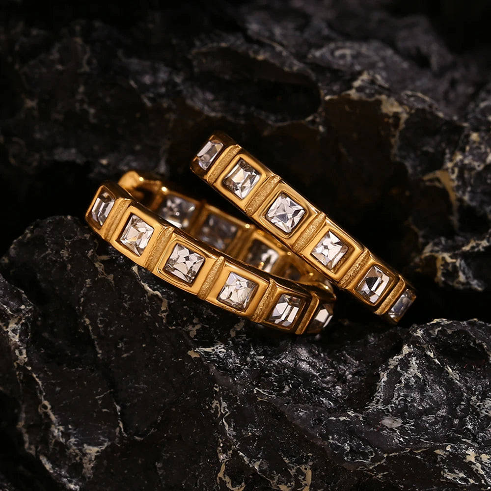 MamacitaSlay Classic Luxury Inlaid Square AAA Zircon Hoop Earrings Tarnish Free 18K Gold Plated Stainless Steel Earrings Woman