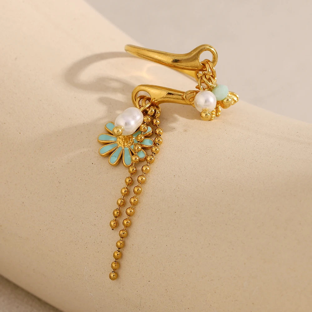 MamacitaSlay 316L Stainless Steel Pearl Flower Insect Tassel Ring Creative Waterproof Jewelry Women's Elegant Adjustable Ring