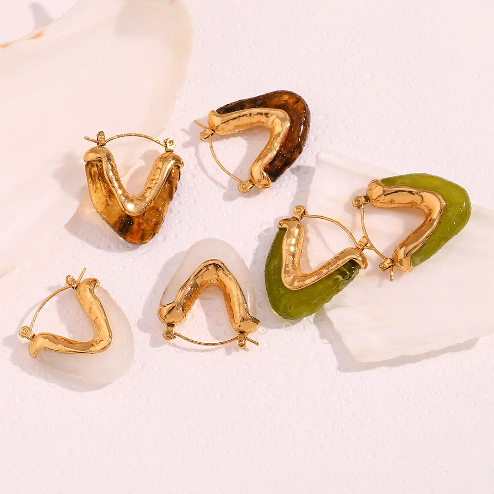 MamacitaSlay 316L Stainless Steel Resin V Shape Hoop Earrings 18K Gold Plated Waterproof Jewelry For Women Statement Earrings