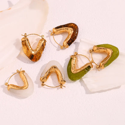 MamacitaSlay 316L Stainless Steel Resin V Shape Hoop Earrings 18K Gold Plated Waterproof Jewelry For Women Statement Earrings