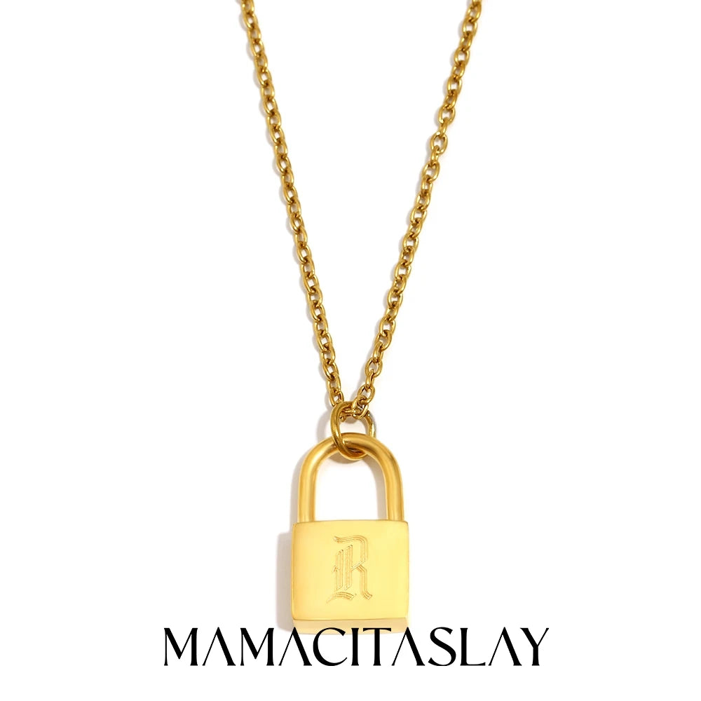 MamacitaSlay 316L Stainless Steel Ancient Letters Engaged Lock Pendant Necklace 18K Gold Plated Waterproof Neck Jewelry Gift