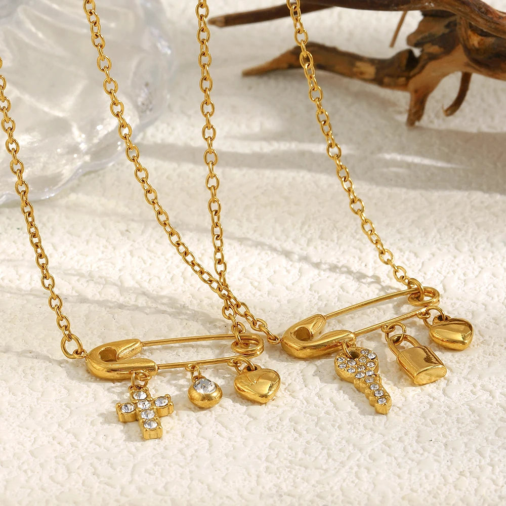 MamacitaSlay 316L Stainless Steel Zircon Paper Clip Key Lock Cross Pendant Necklace Waterproof Jewelry Women's Creative Necklace