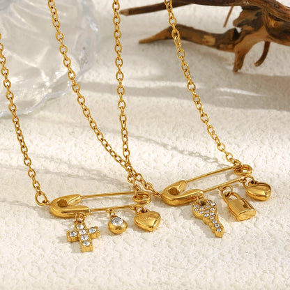 MamacitaSlay 316L Stainless Steel Zircon Paper Clip Key Lock Cross Pendant Necklace Waterproof Jewelry Women's Creative Necklace