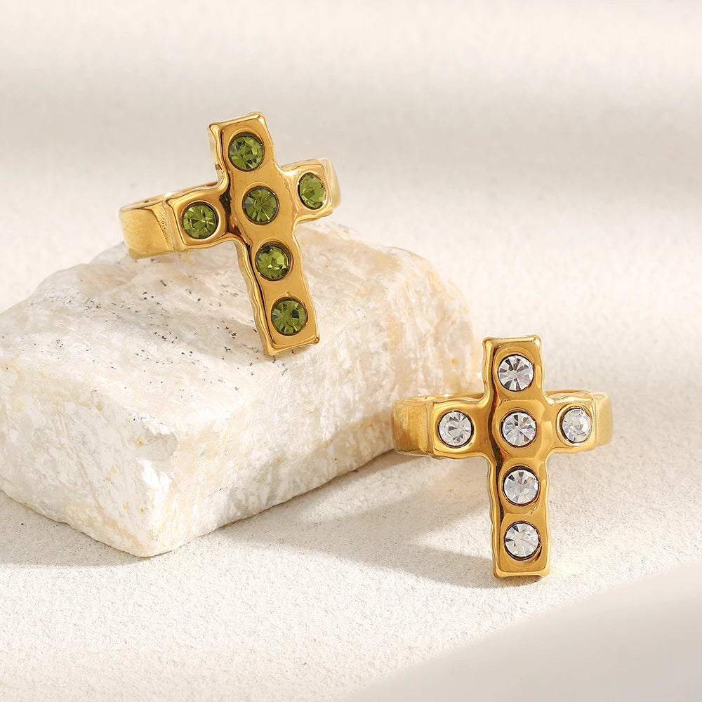 MamacitaSlay 316L Stainless Steel Zircon Cross Ring Party Waterproof Jewelry Women's High Quality Ring 2025 Classic Charm Gift